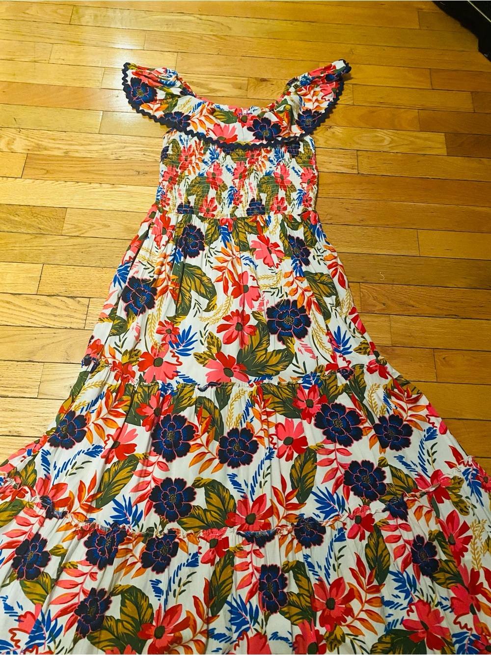 Floral Off-Shoulder Maxi Dress in White, Coral & Navy